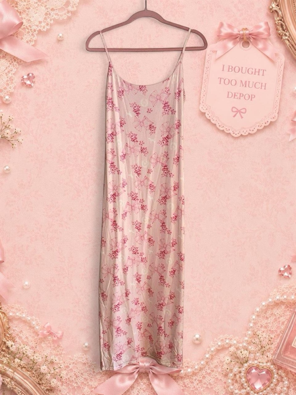 LoveShackFancy Cream Slip Dress with Pink Floral Print